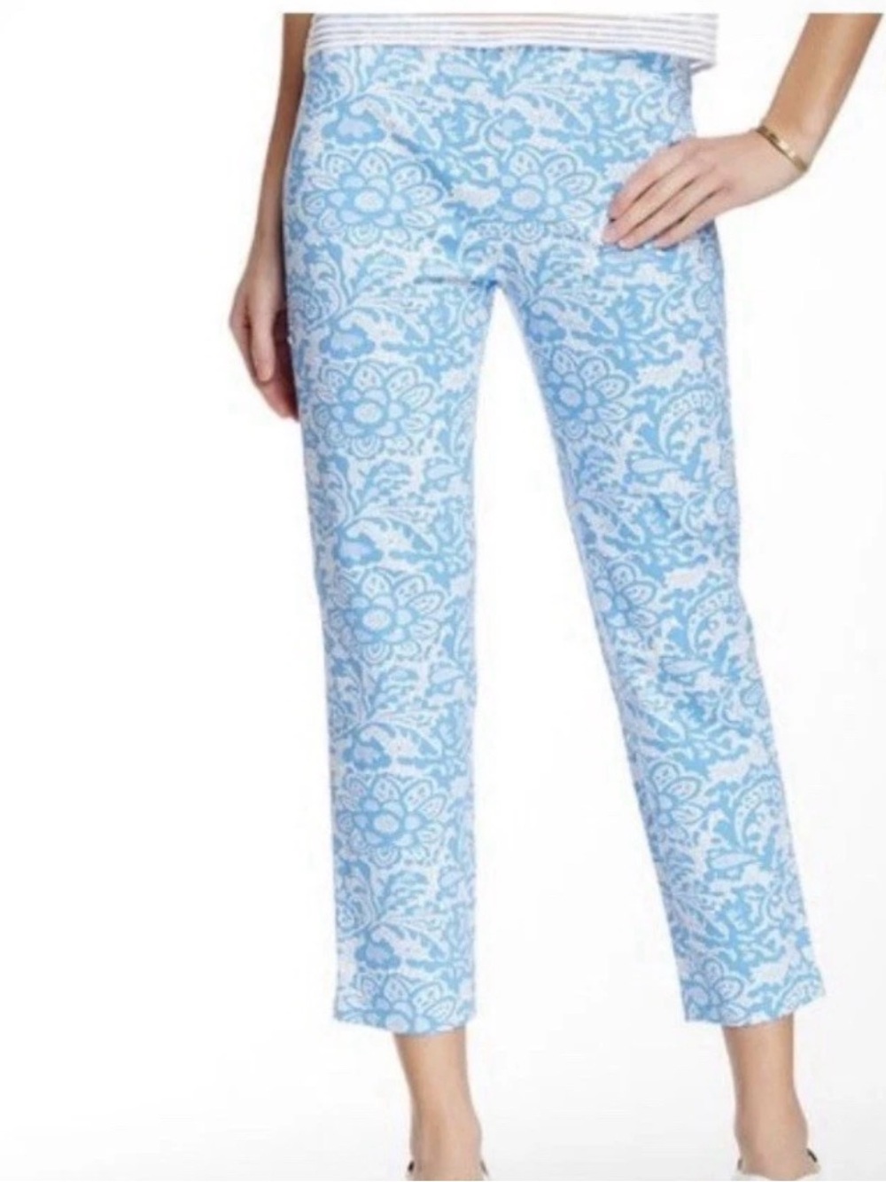 J McLaughlin Floral Stretch Cotton Ankle Pants Sz 10 Blue White Vacation